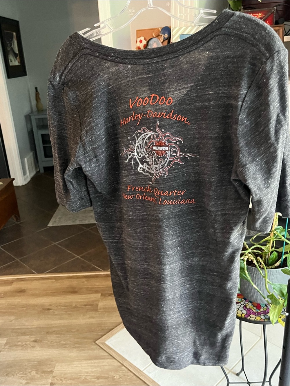 Harley-Davidson Charcoal Heather V-Neck Tee with Red and Orange Wing Graphic - Picture 2 of 2